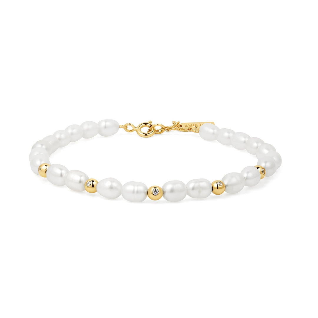 Gold Freshwater Pearl and White Cubic Zirconia Bezel Set Bracelet - Ania Haie