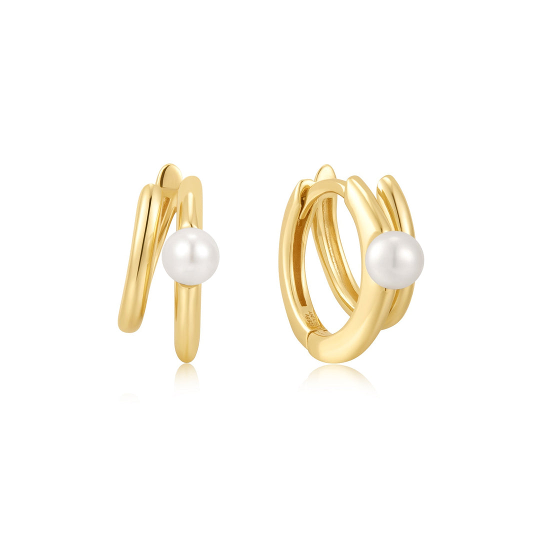 Gold Parallel Duo Freshwater Pearl Huggies - Ania Haie