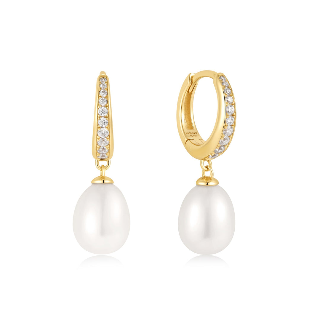 Gold Freshwater Pearl and White Cubic Zirconia Pavé Drop Huggies - Ania Haie