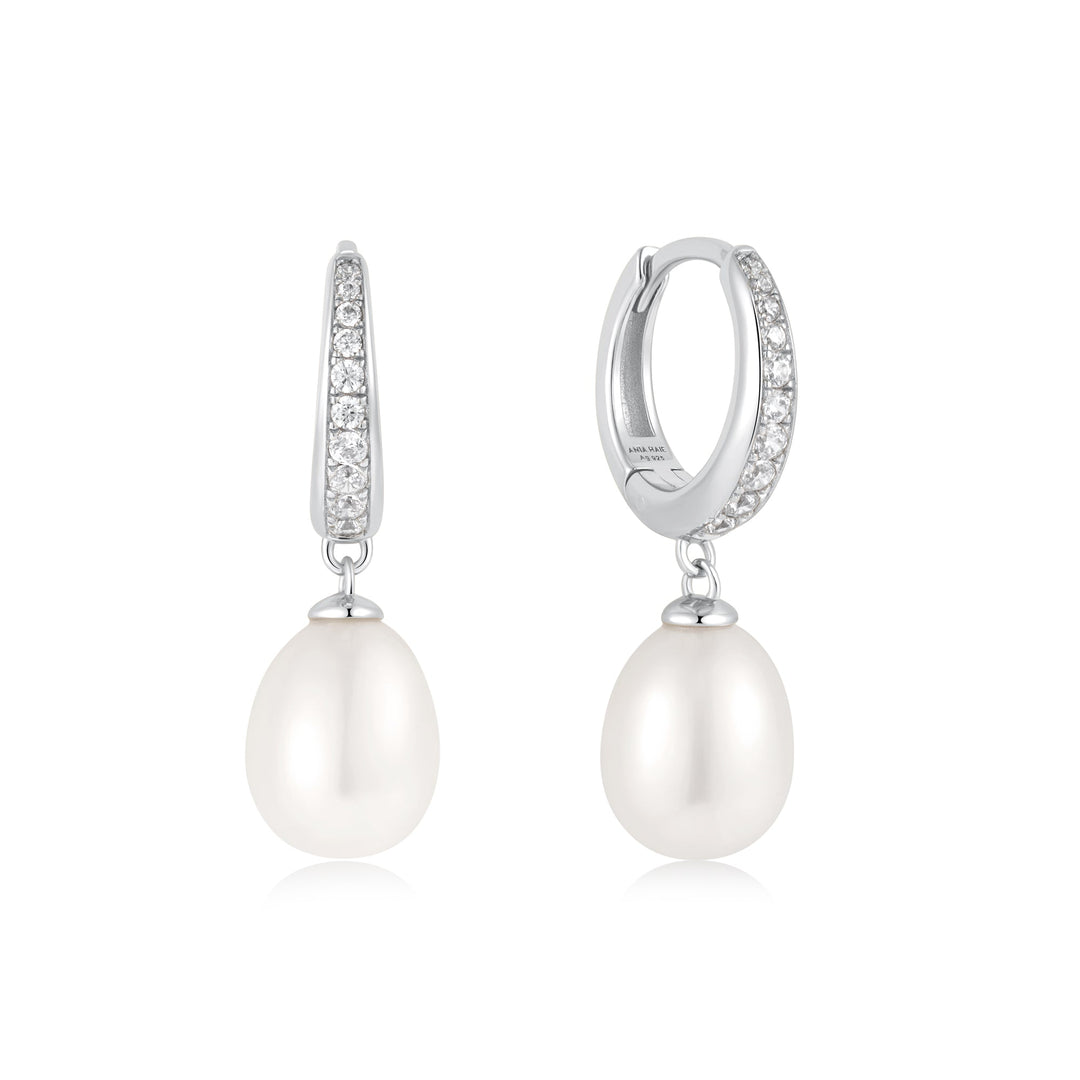 Silver Freshwater Pearl and White Cubic Zirconia Pavé Drop Huggies - Ania Haie