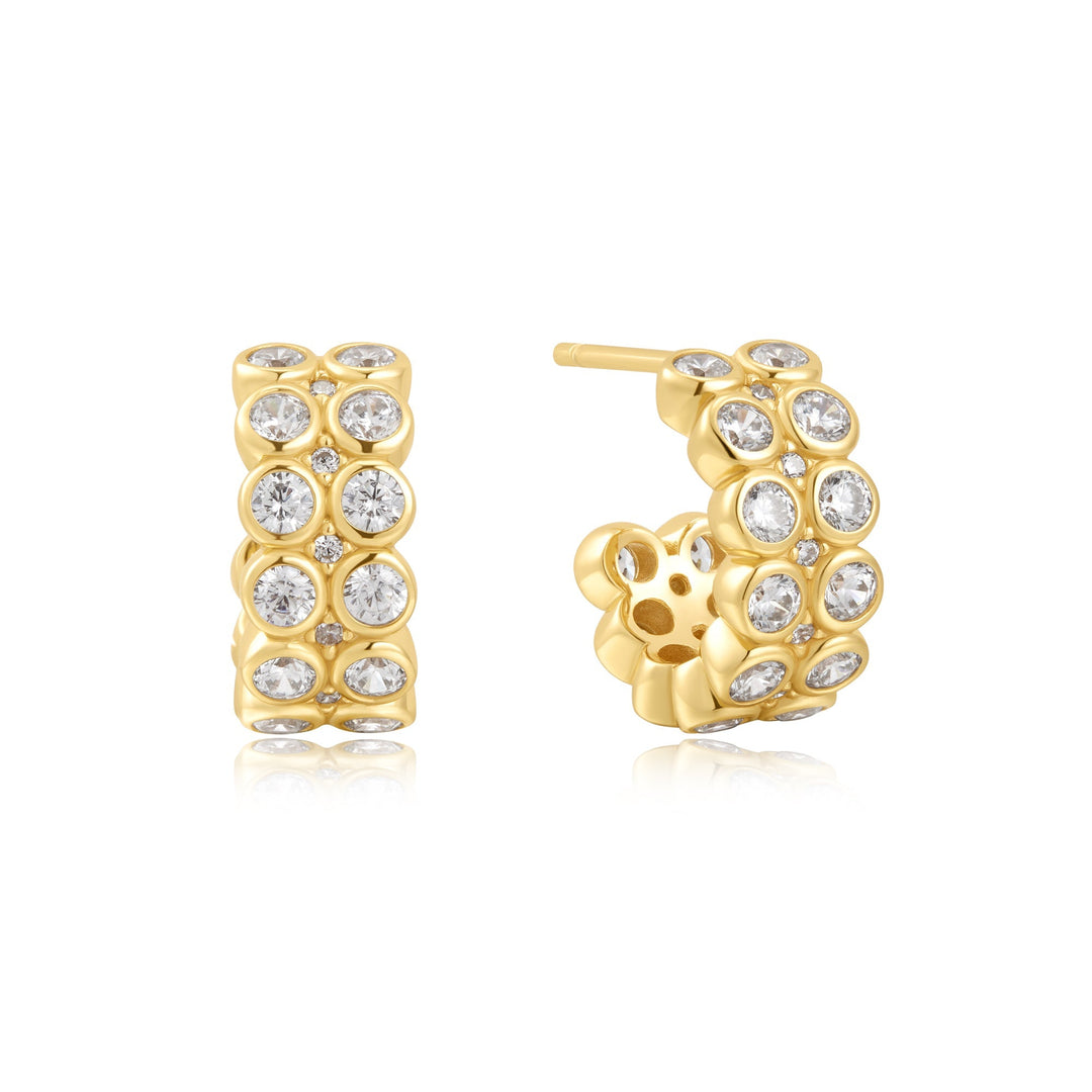 Gold Double Row White Cubic Zirconia Bezel Set Stud Huggies - Ania Haie