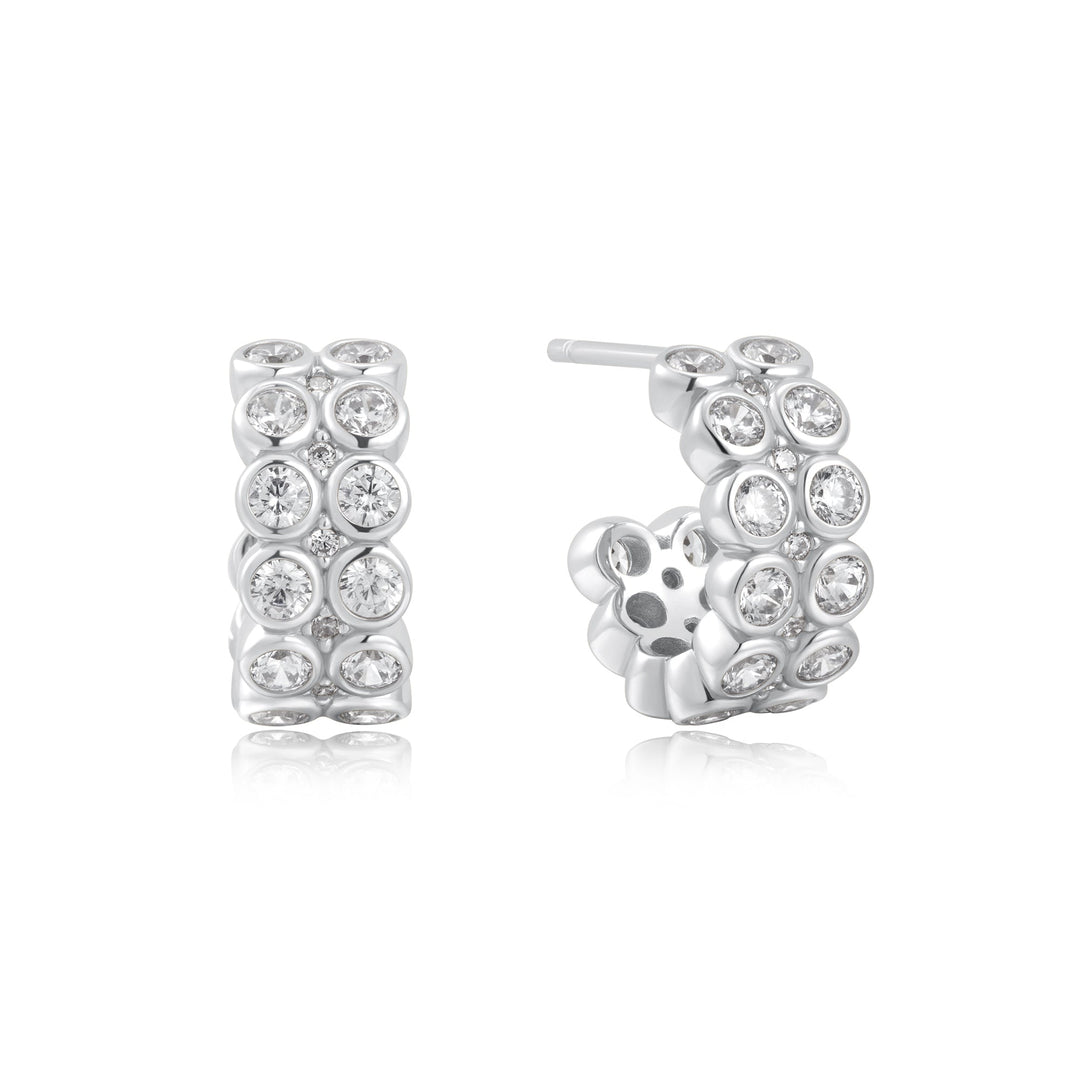 Silver Double Row White Cubic Zirconia Bezel Set Stud Huggies - Ania Haie