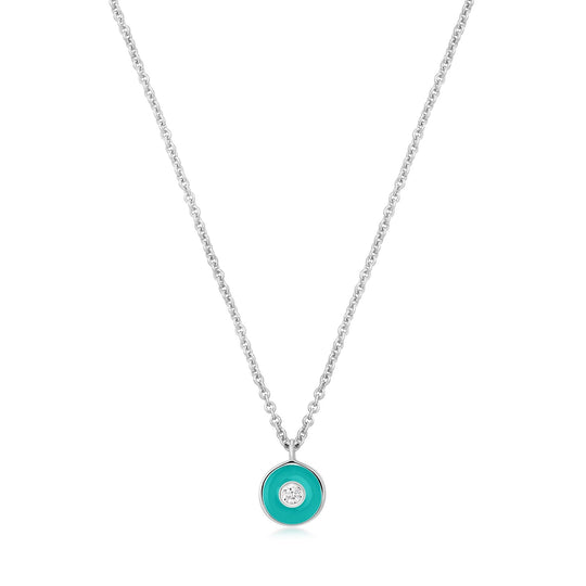 Teal Enamel Disc Silver Necklace