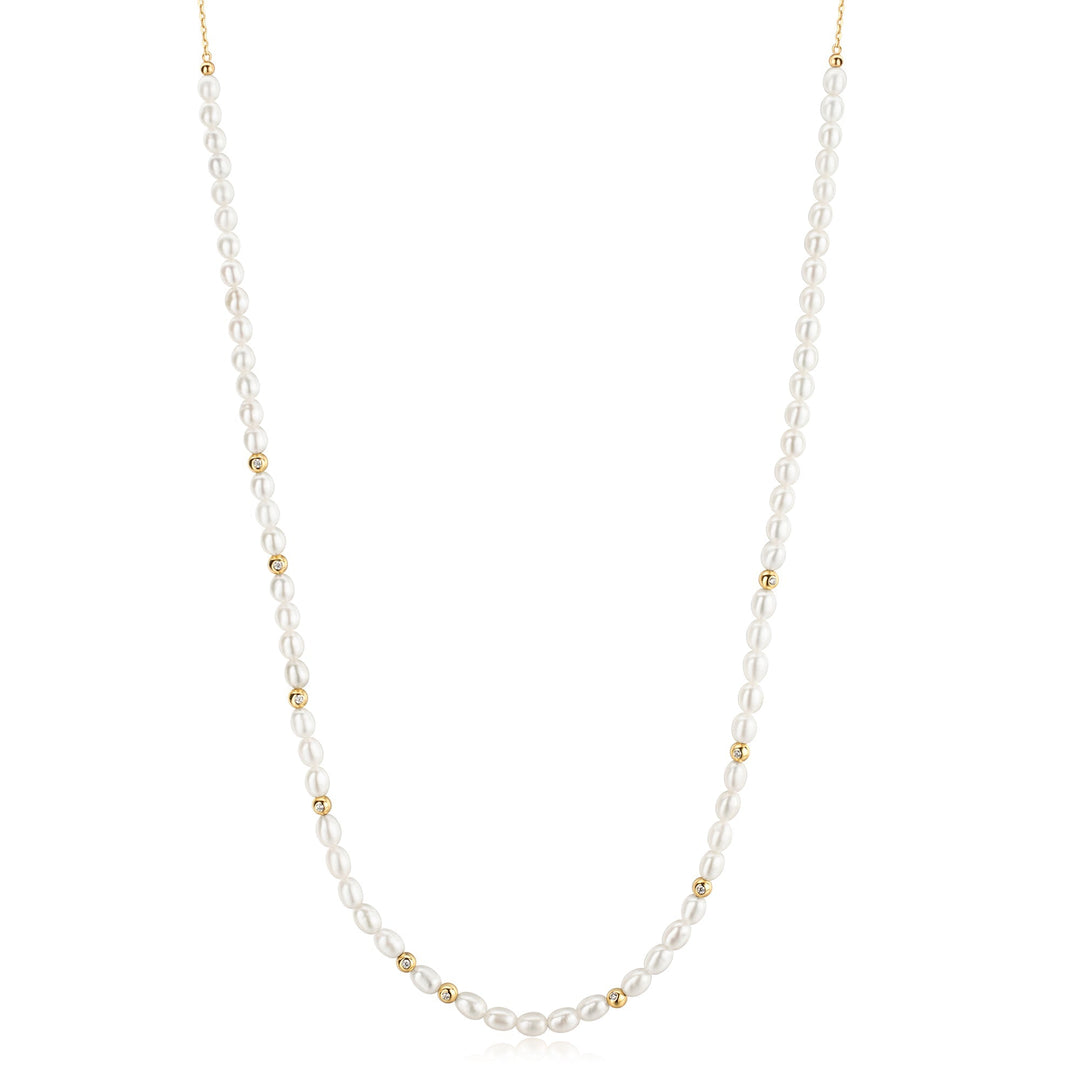 Gold Freshwater Pearl and White Cubic Zirconia Bezel Set Slider Necklace - Ania Haie