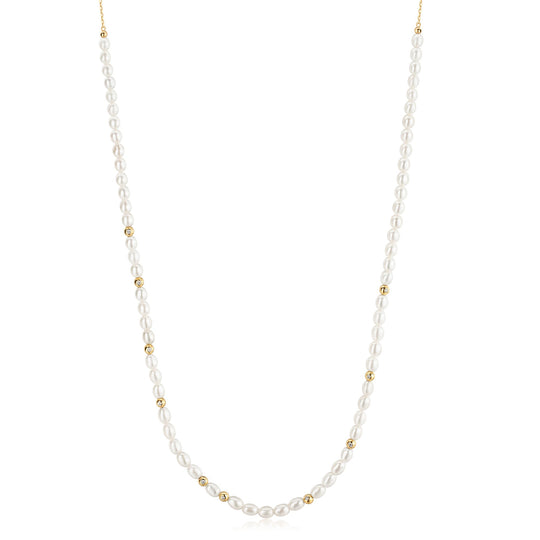 Gold Freshwater Pearl and White Cubic Zirconia Bezel Set Slider Necklace - Ania Haie