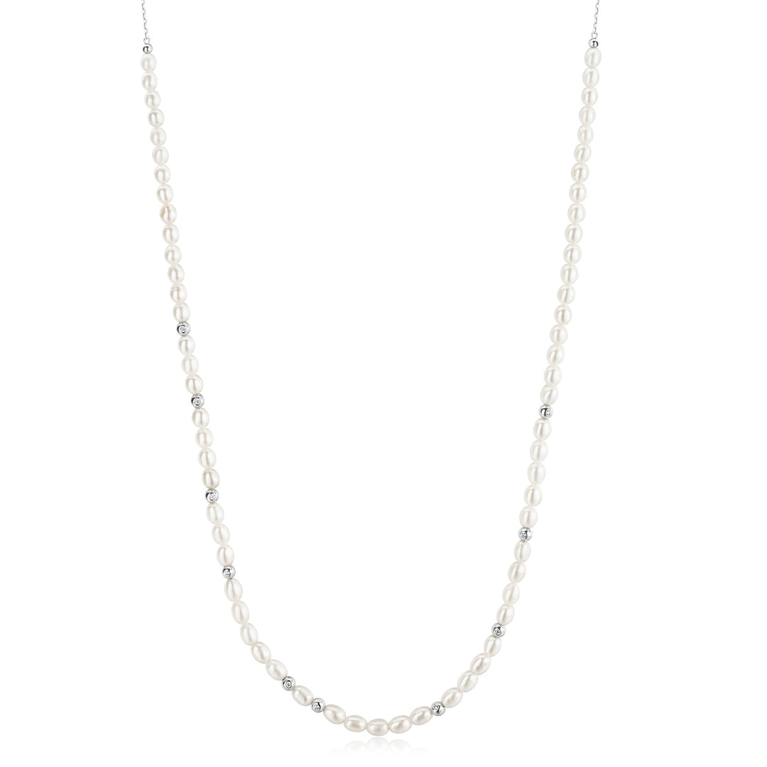 Silver Freshwater Pearl and White Cubic Zirconia Bezel Set Slider Necklace - Ania Haie