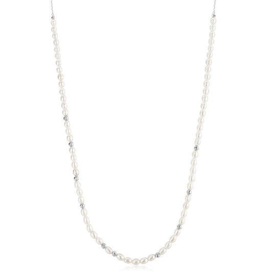 Silver Freshwater Pearl and White Cubic Zirconia Bezel Set Slider Necklace - Ania Haie