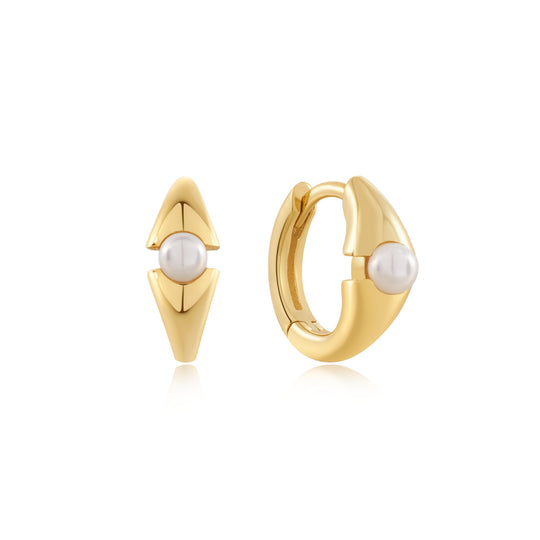 Gold Pearl Geometric Huggie Hoop Earrings - Ania Haie