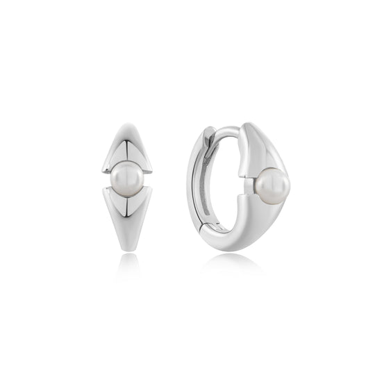 Silver Pearl Geometric Huggie Hoop Earrings - Ania Haie
