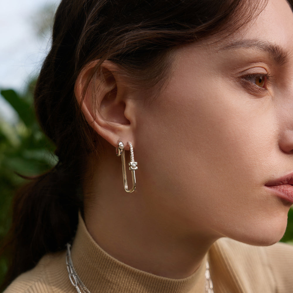 Silver Pearl Geometric Huggie Hoop Earrings - Ania Haie