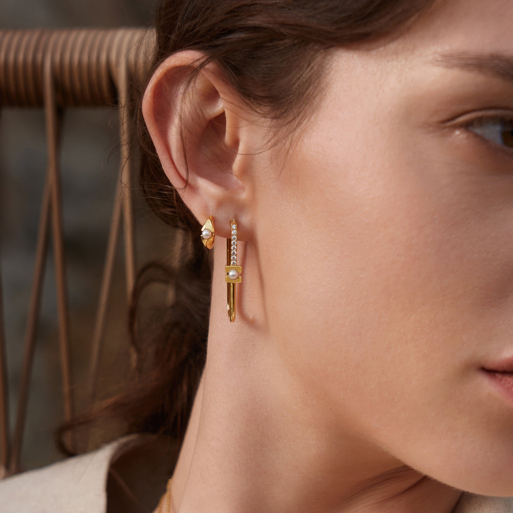 Gold Pearl Geometric Huggie Hoop Earrings - Ania Haie