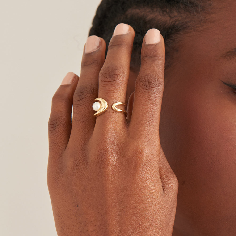 Gold Pearl Sculpted Adjustable Ring - Ania Haie